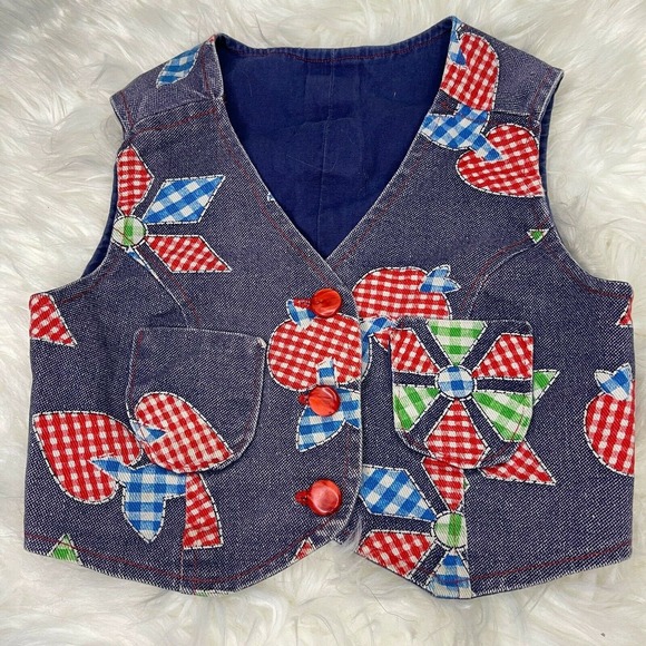 Vintage Kids Blue Denim Vest Gingham Pinwheel Patchwork Unisex Boys Girls Hippie - Picture 1 of 4